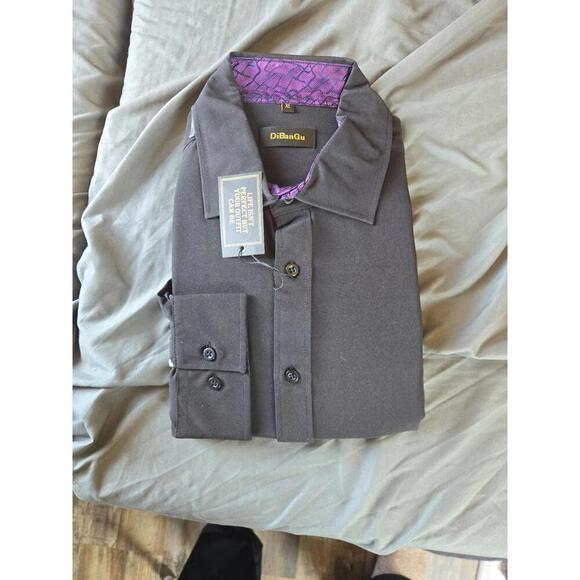 Other - DiBanGu Men's XL Black Long Sleeve Dress Shirt with Purple Paisley Interior Trim